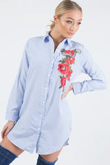 Light Blue Striped Embroidered Oversized Shirt  - Kaya