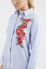 Light Blue Striped Embroidered Oversized Shirt  - Kaya