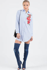 Light Blue Striped Embroidered Oversized Shirt  - Kaya