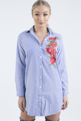 Royal Blue Striped Embroidered Oversized Shirt  - Kaya