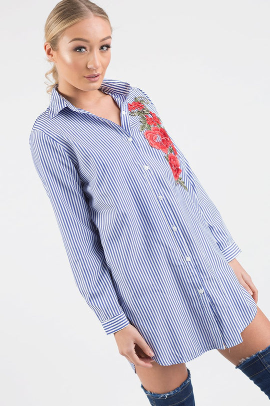 Royal Blue Striped Embroidered Oversized Shirt  - Kaya
