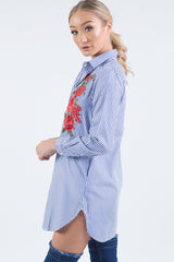 Royal Blue Striped Embroidered Oversized Shirt  - Kaya