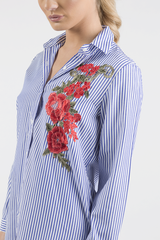 Royal Blue Striped Embroidered Oversized Shirt  - Kaya