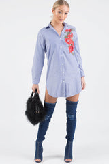 Royal Blue Striped Embroidered Oversized Shirt  - Kaya
