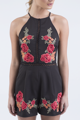 Black Embroidered High Neck Playsuit - Maya
