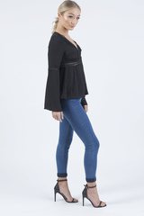 Black Crochet Detail Bell Sleeve Top - Catrina
