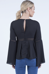Black Crochet Detail Bell Sleeve Top - Catrina