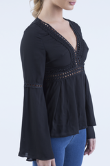 Black Crochet Detail Bell Sleeve Top - Catrina