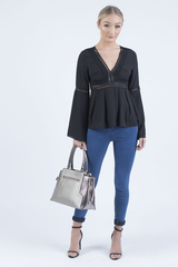 Black Crochet Detail Bell Sleeve Top - Catrina