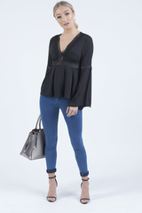 Black Crochet Detail Bell Sleeve Top - Catrina