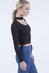 Black Ribbed Choker Cut Out Crop Top - Mary