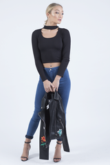 Black Ribbed Choker Cut Out Crop Top - Mary