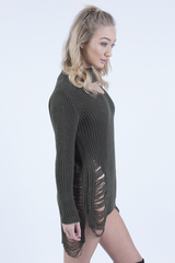 Khaki High Neck Cut Out Distressed Jumper Dress - Adalyn