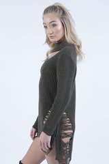 Red High Neck Cut Out Distressed Jumper Dress - Adalyn