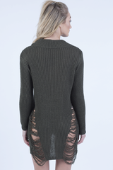 Khaki High Neck Cut Out Distressed Jumper Dress - Adalyn