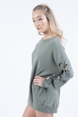 Khaki Tie Sleeve Detail Jumper Dress - Gina