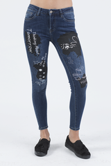 Indigo Mid Rise Slogan Studded Jeans - Kayleigh