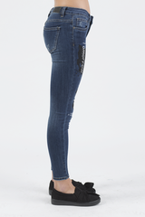Indigo Mid Rise Slogan Studded Jeans - Kayleigh