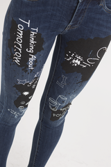 Indigo Mid Rise Slogan Studded Jeans - Kayleigh