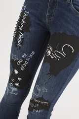 Indigo Mid Rise Slogan Studded Jeans - Kayleigh