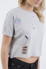 Grey Distressed Badge Detail Crop Top - Toni
