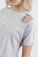 Grey Distressed Badge Detail Crop Top - Toni