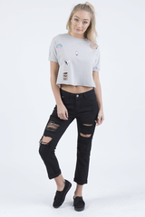 Grey Distressed Badge Detail Crop Top - Toni