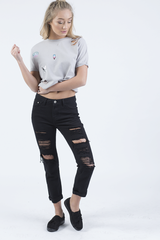 Grey Distressed Badge Detail Crop Top - Toni