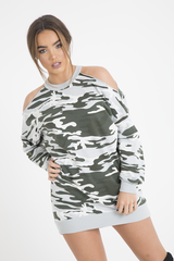 Light Camo Cold Shoulder Jumper Dress - Acacia