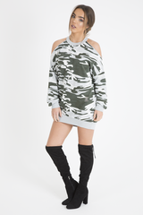 Light Camo Cold Shoulder Jumper Dress - Acacia