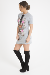 Grey Tiger Lace Up T-Shirt Dress - Autumn