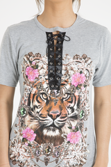 Grey Tiger Lace Up T-Shirt Dress - Autumn