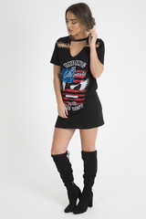 Black 'Riding In California' Graphic Print Cut Out Pin Detail T-Shirt Dress - Harper