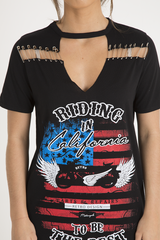 Black 'Riding In California' Graphic Print Cut Out Pin Detail T-Shirt Dress - Harper