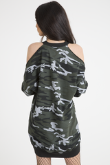Dark Camo Cold Shoulder Jumper Dress - Acacia