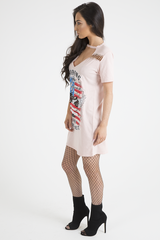 Pink 'Riding In California' Graphic Print Cut Out Pin Detail T-Shirt Dress - Harper
