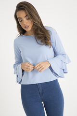Blue Triple Frill Sleeve Top - Clara