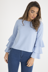 Blue Triple Frill Sleeve Top - Clara