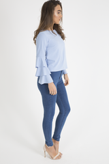 Blue Triple Frill Sleeve Top - Clara