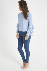 Blue Triple Frill Sleeve Top - Clara