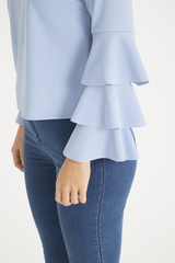 Blue Triple Frill Sleeve Top - Clara