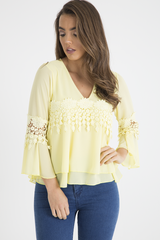Yellow Crochet Detail Bell Sleeve Layered Top - Fiona