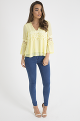 Yellow Crochet Detail Bell Sleeve Layered Top - Fiona