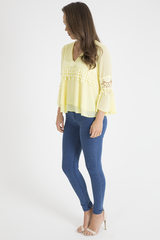 Yellow Crochet Detail Bell Sleeve Layered Top - Fiona