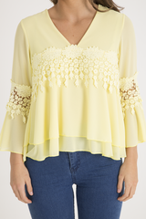 Yellow Crochet Detail Bell Sleeve Layered Top - Fiona