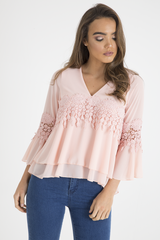 Pink Crochet Detail Bell Sleeve Layered Top - Fiona