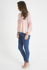 Pink Crochet Detail Bell Sleeve Layered Top - Fiona