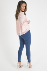 Pink Crochet Detail Bell Sleeve Layered Top - Fiona