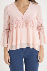 Pink Crochet Detail Bell Sleeve Layered Top - Fiona