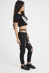 Black Lace Up Graphic Print Crop Top - Martha